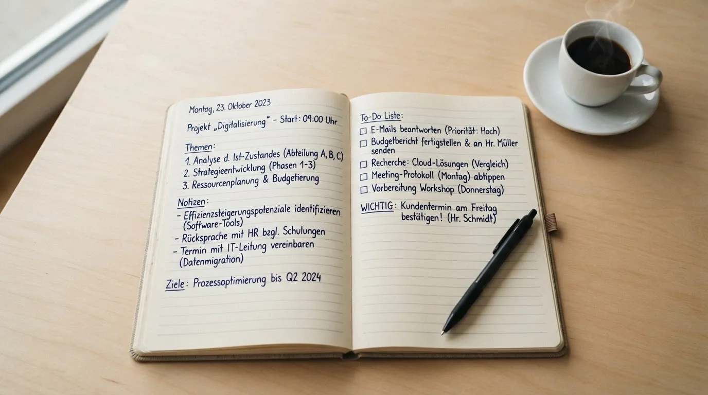 Ein aufgeschlagenes Notizbuch mit handschriftlichen Notizen und ein Kugelschreiber liegen auf einem hellen Schreibtisch neben einer Kaffeetasse.