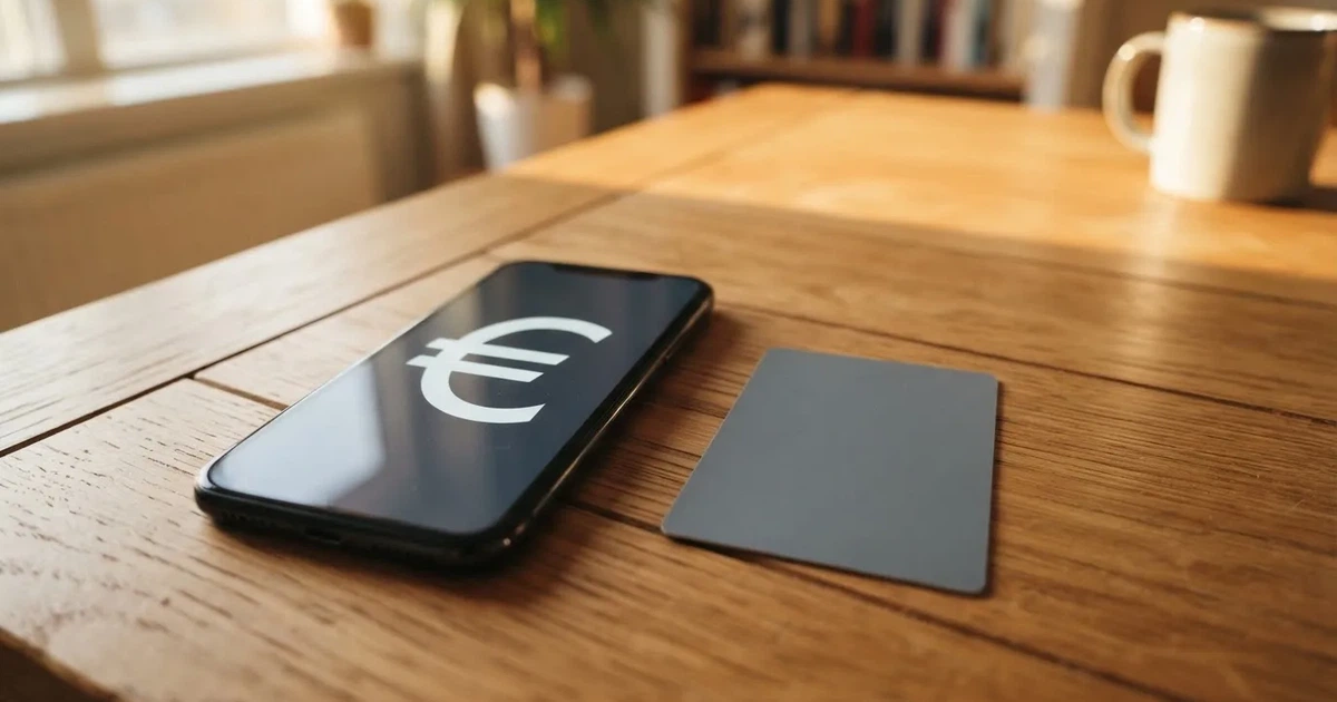 Ein Smartphone liegt mit dem Display nach unten auf einem Holztisch, daneben ein paar Euro-Münzen und eine unbeschriftete Plastikkarte im Morgenlicht.