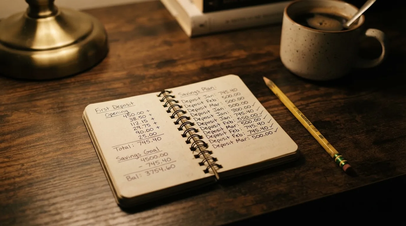 Ein Taschenrechner und ein Blatt Papier mit handschriftlichen Notizen liegen auf einem Schreibtisch unter dem warmen Licht einer Lampe.
