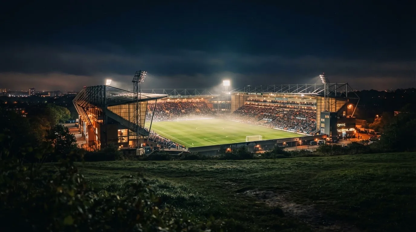 Ein Stadion unter Flutlicht bei Nacht, von einem Hügel aus der Ferne betrachtet, mit Dunst über dem Spielfeld.