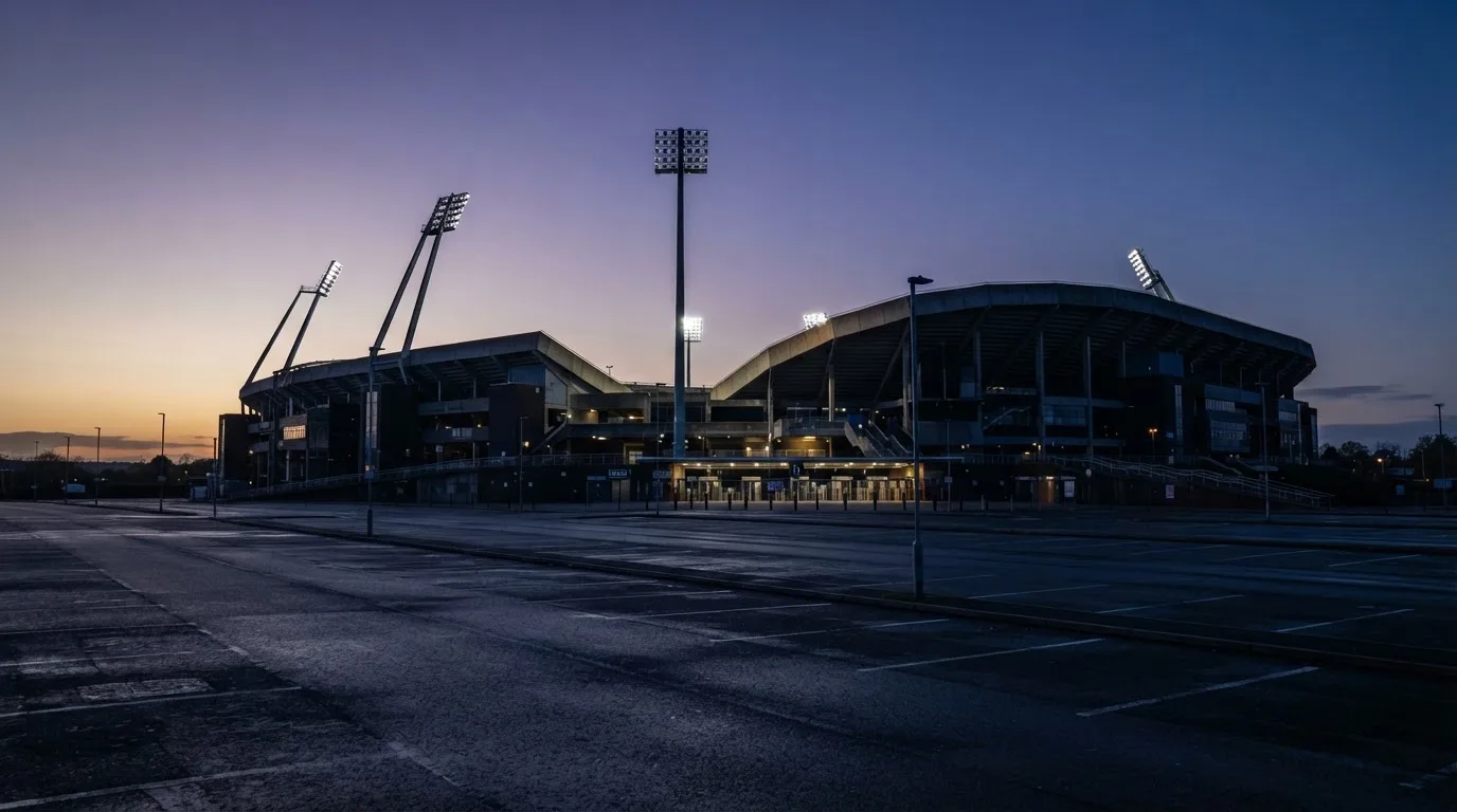 Ein Fußballstadion von außen in der Dämmerung, hohe Flutlichtmasten vor einem violetten Himmel, davor ein leerer Parkplatz.
