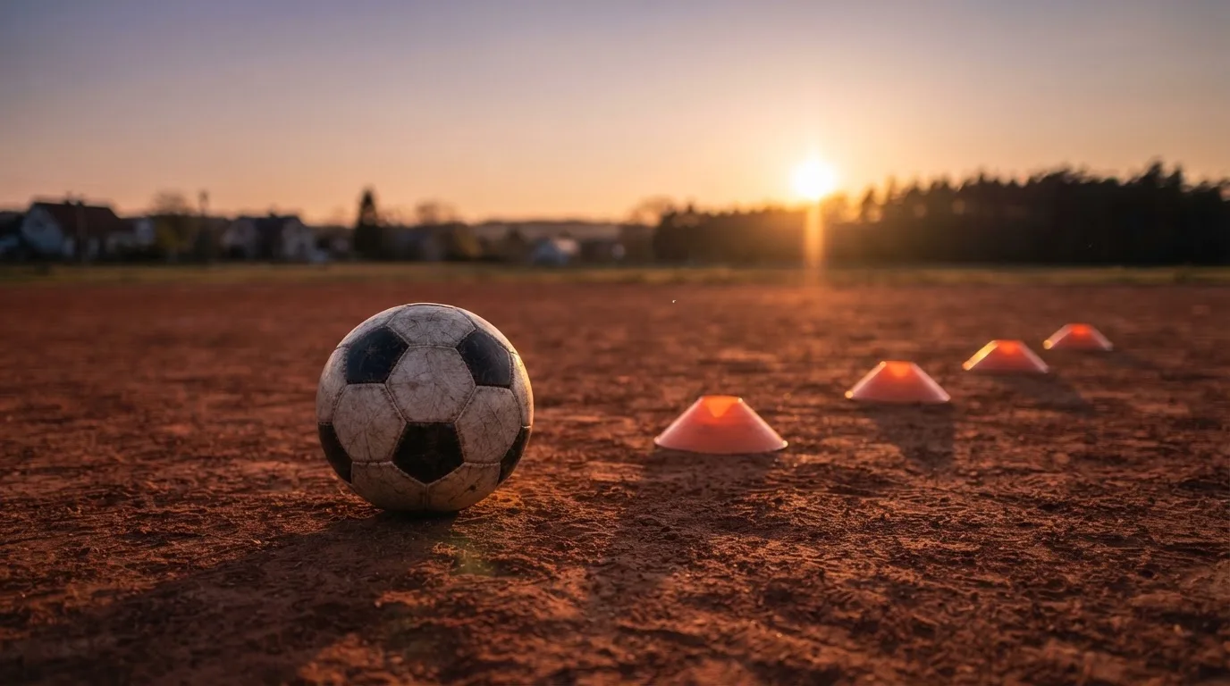 Ein Fußball auf rotem Sandboden neben einer Reihe Hütchen auf einem Trainingsplatz bei untergehender Sonne.