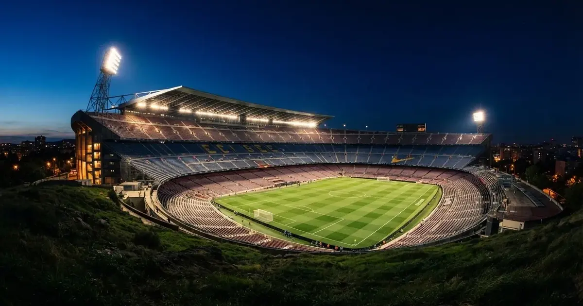 Ein Fußballstadion unter Flutlicht mit hellen Rängen, von einem Hügel aus gesehen, darüber ein dunkelblauer Abendhimmel.