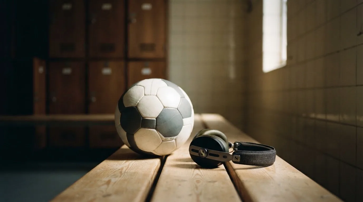Ein Fußball liegt neben Kopfhörern auf einer Holzbank in einer Umkleide, Licht fällt durch ein schmales Fenster.