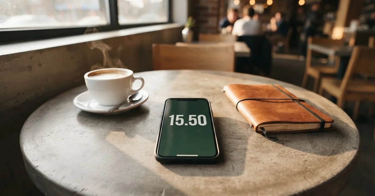 Ein Smartphone mit dunklem Bildschirm liegt auf einem Tisch in einem Café, daneben eine Tasse und ein Notizbuch.
