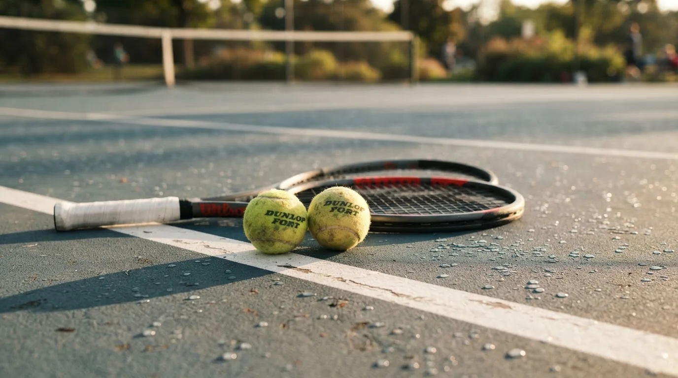 Zwei Tennisbälle und ein Schläger liegen auf der Grundlinie eines Hartplatzes, kleine Wassertropfen glänzen auf dem Belag.