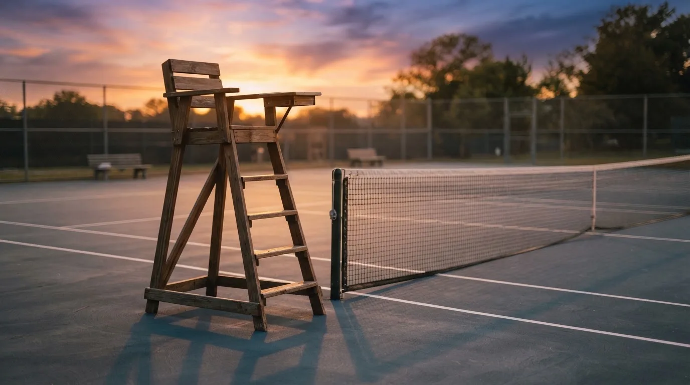 Ein leerer Schiedsrichterstuhl am Spielfeldrand eines Tennisplatzes im Abendlicht, lange Schatten auf dem Belag.