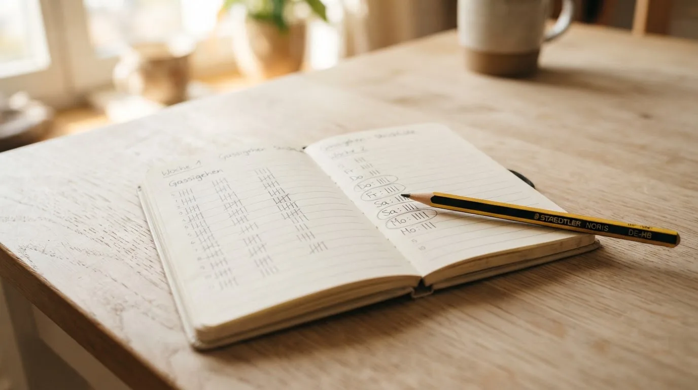Ein handschriftlich geführtes Heft mit Strichlisten liegt neben einem Bleistift auf einem Tisch, seitlich fällt Tageslicht herein.
