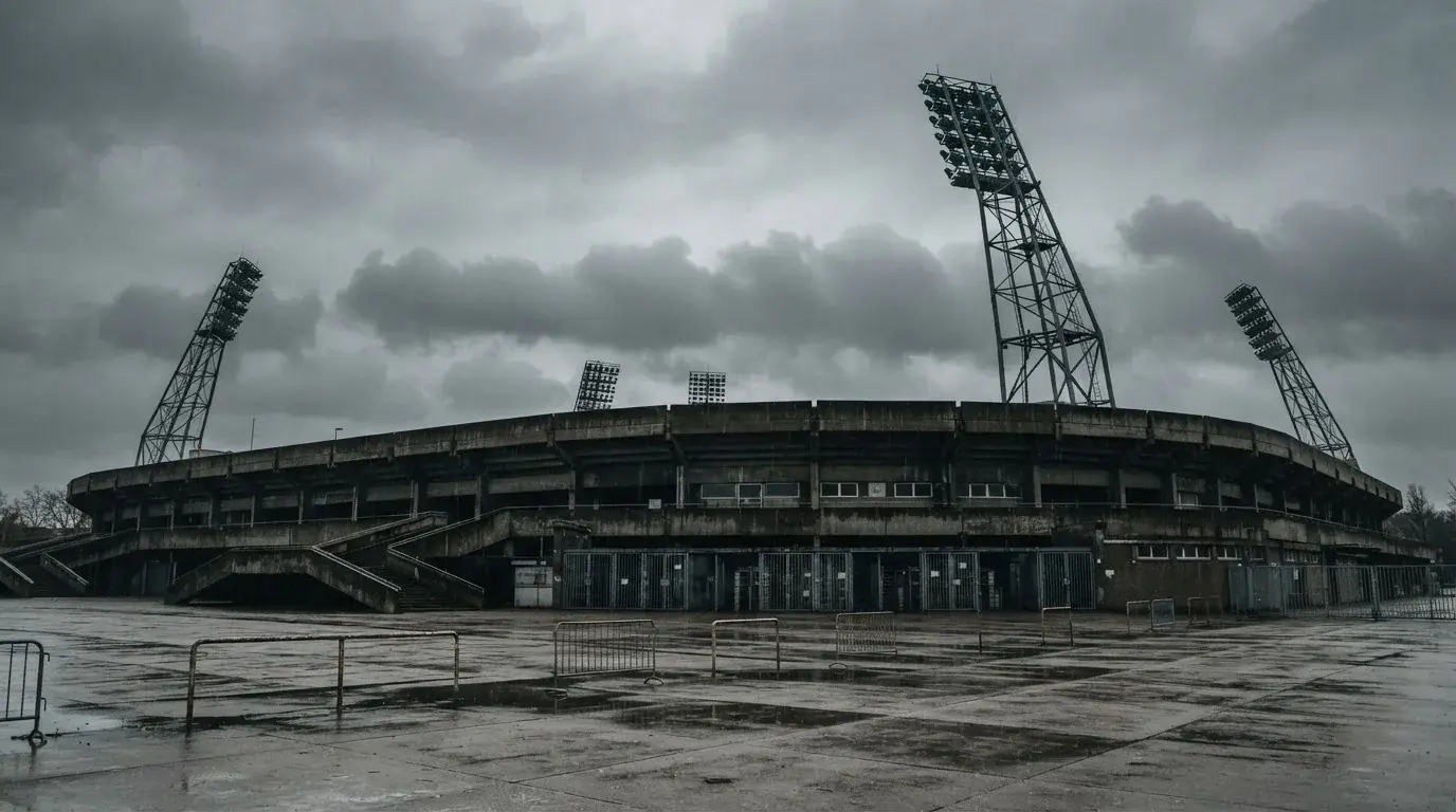 Ein leeres Stadion von außen, hohe Flutlichtmasten vor einem grauen Himmel mit Regenwolken.