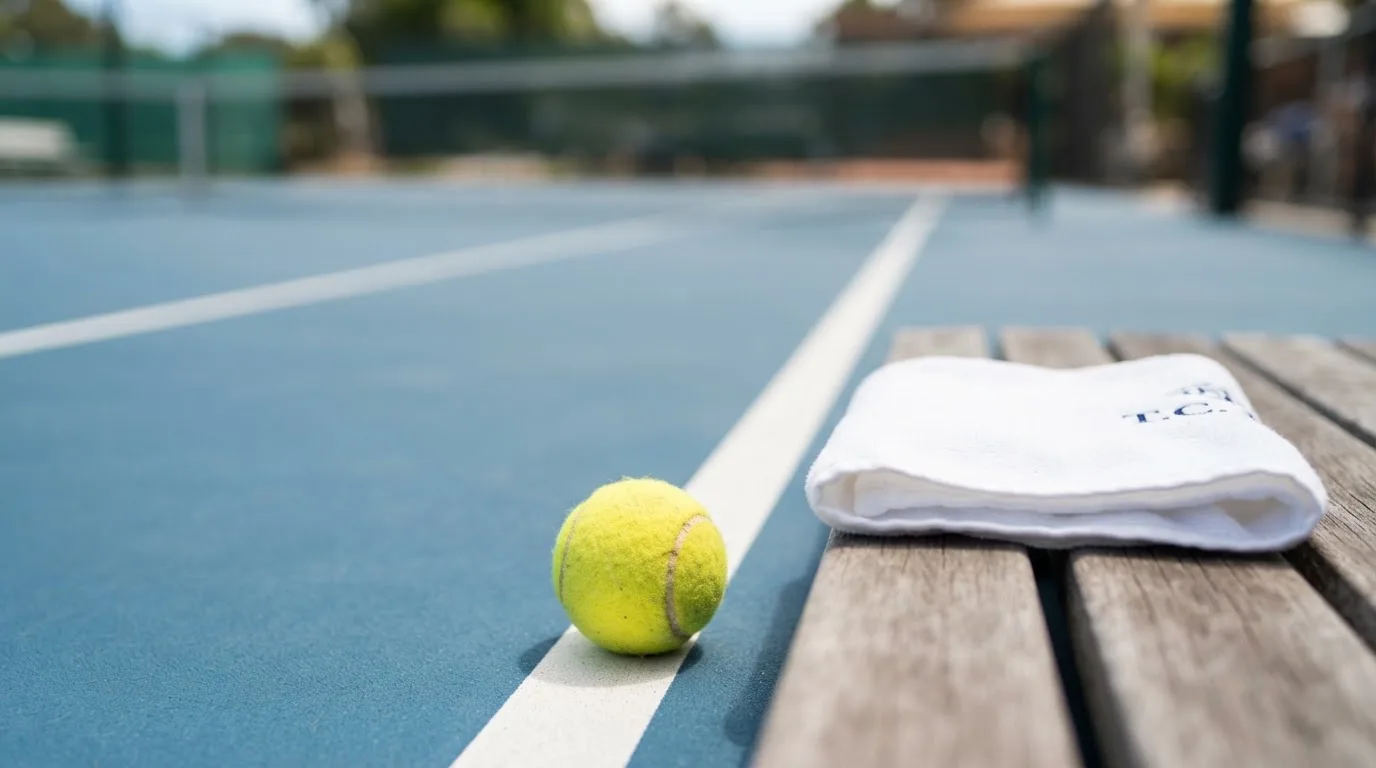 Ein gelber Tennisball liegt auf einer weißen Linie, daneben ein Handtuch auf einer Bank am Spielfeldrand.
