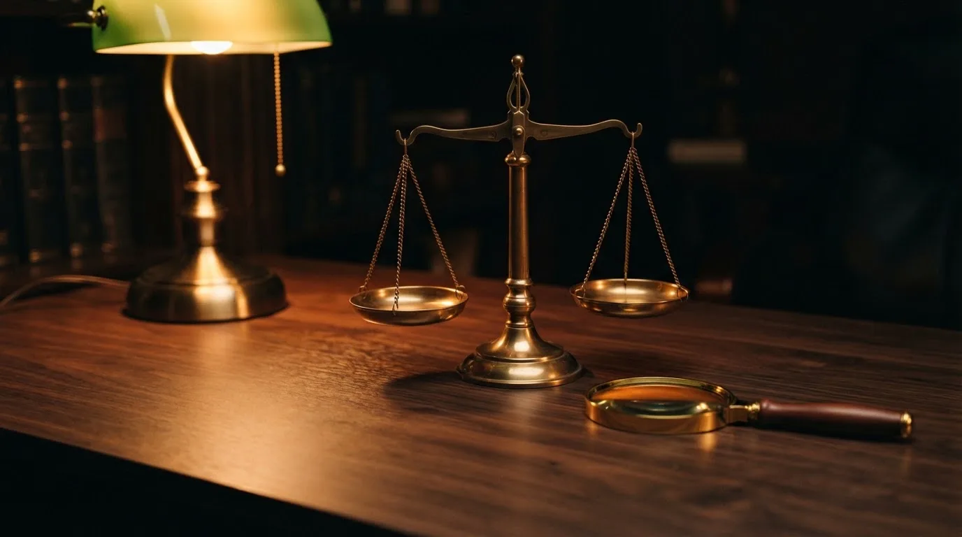 Eine Waage aus Messing steht neben einer Lupe auf einem polierten Schreibtisch im Licht einer Lampe.