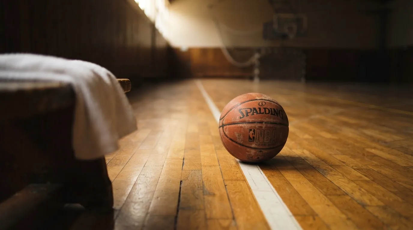Ein Basketball liegt auf der Freiwurflinie einer Halle, im Vordergrund ein Handtuch auf einer Bank.