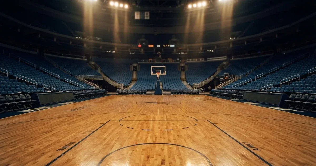 Eine leere Basketballhalle mit glänzendem Parkett und einem Korb im Hintergrund, Licht von Deckenstrahlern spiegelt sich im Boden.