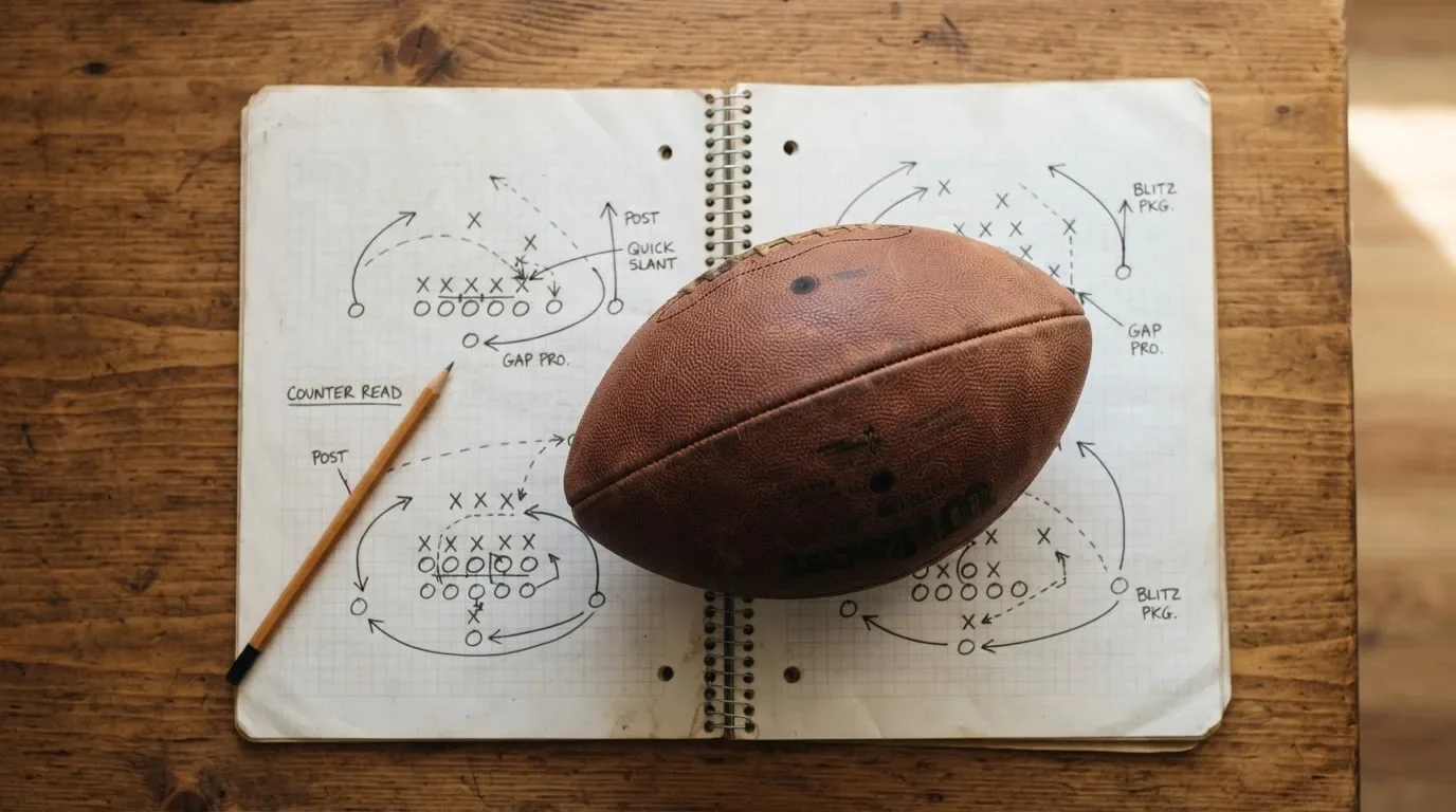 Ein Fußball liegt auf einem Notizbuch mit handgezeichneten Skizzen von Spielzügen, aufgenommen von oben auf einem Holztisch.
