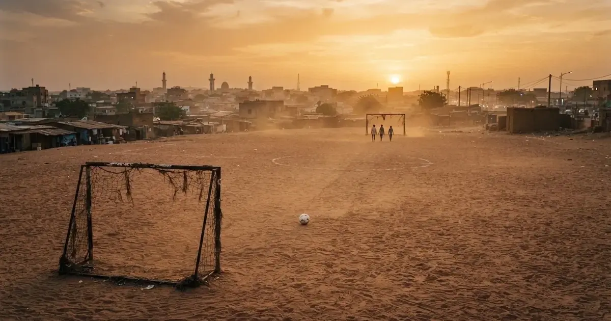 Ein sandiger Fußballplatz am Rand einer Stadt in warmem Abendlicht, Staub in der Luft und zwei Tore in der Ferne.