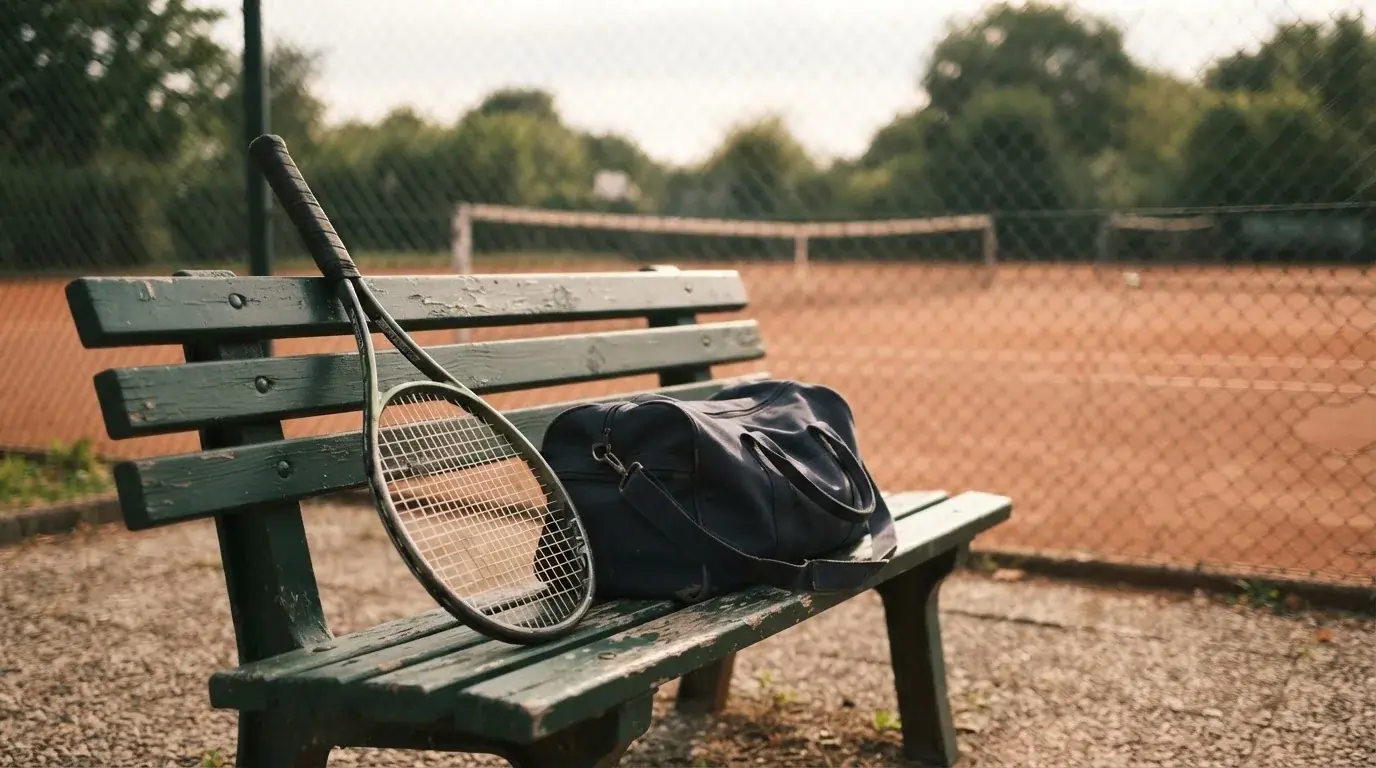 Ein Tennisschläger lehnt an einer Bank neben einer Sporttasche, im Hintergrund ein leerer Platz.