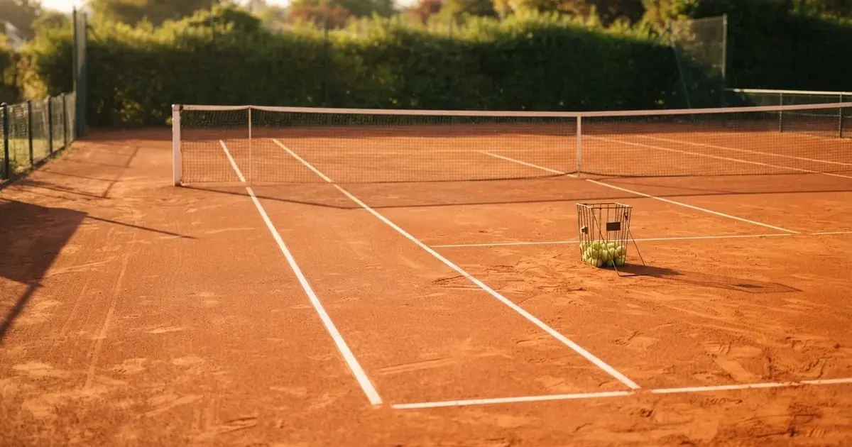 Ein Sandplatz mit frisch gezogenen Linien in der Nachmittagssonne, Netz und Ballkorb am Rand, keine Menschen.