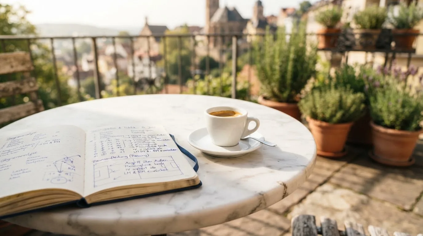 Eine Espressotasse steht auf einem kleinen Marmortisch einer Terrasse, daneben ein Notizheft mit handschriftlichen Skizzen.