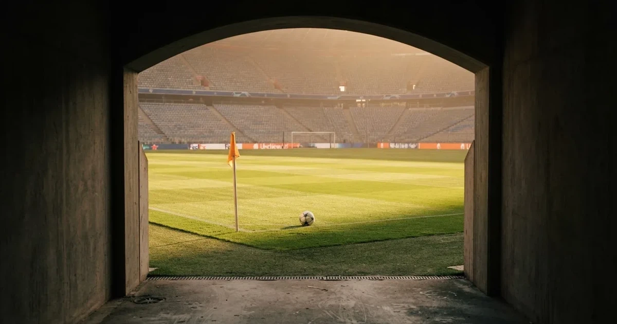 Blick durch ein Stadiontor auf einen grünen Rasen im Abendlicht, ein Ball liegt an der Eckfahne, die Ränge sind leer.