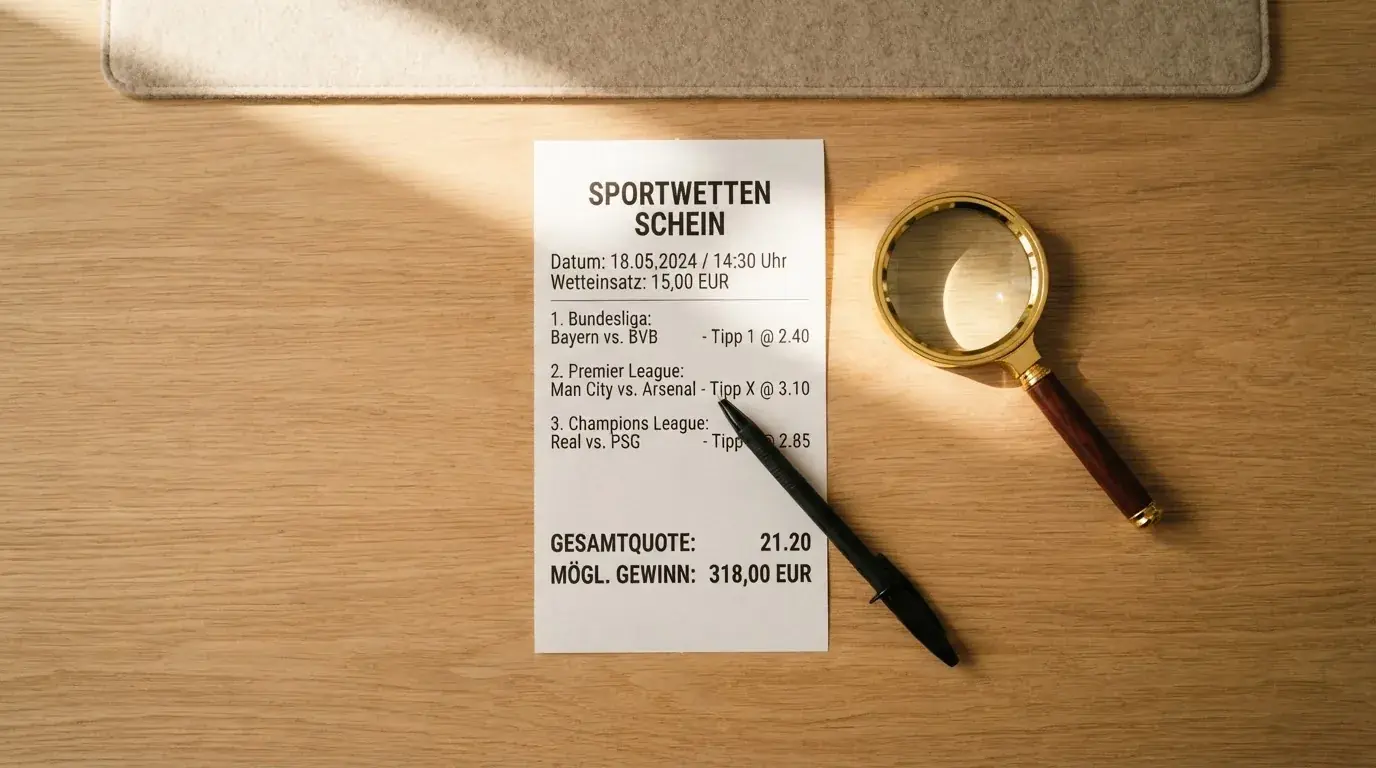 Ein leerer Wettschein aus Papier und ein Kugelschreiber liegen auf einem Schreibtisch neben einer Lupe.