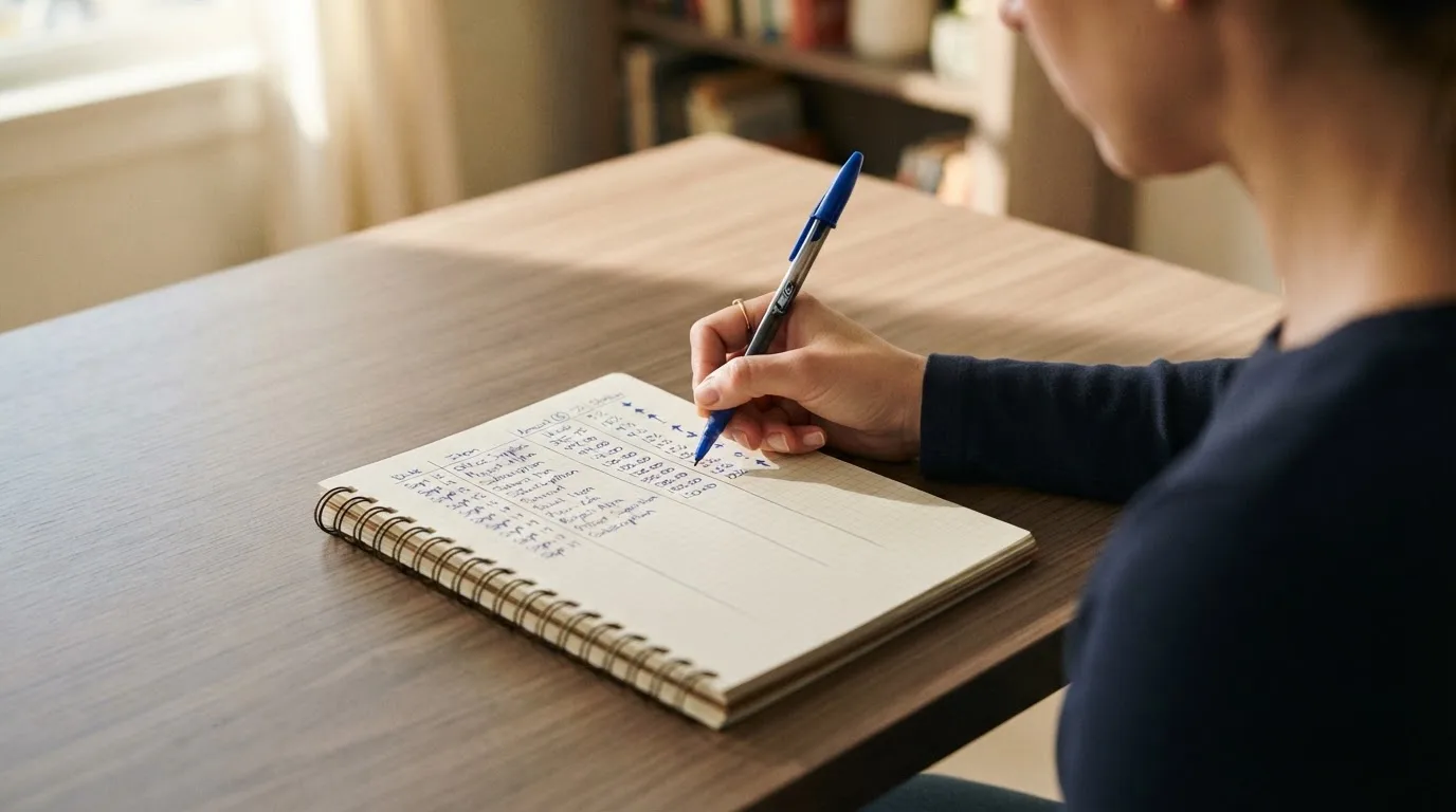 Ein Notizbuch mit handschriftlichen Rechnungen und ein Taschenrechner liegen auf einem aufgeräumten Schreibtisch in warmem Licht.