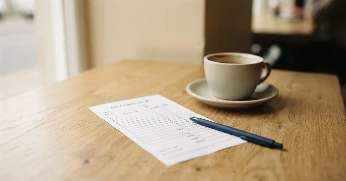 Ein leerer Papier-Wettschein liegt neben einem Kugelschreiber und einer Kaffeetasse auf einem hellen Holztisch, Tageslicht von links.
