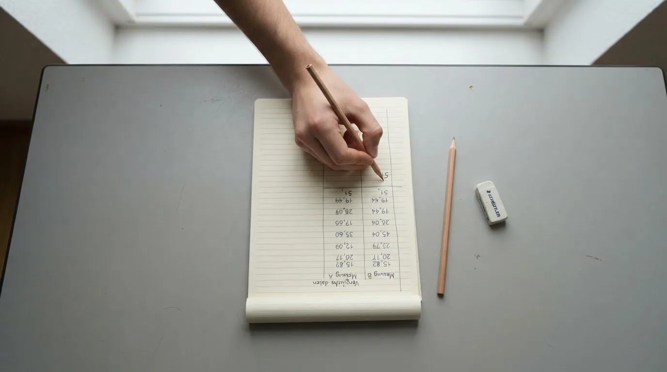 Ein Taschenrechner, ein Bleistift und ein Block mit handschriftlichen Zahlenreihen liegen auf einer grauen Arbeitsfläche.