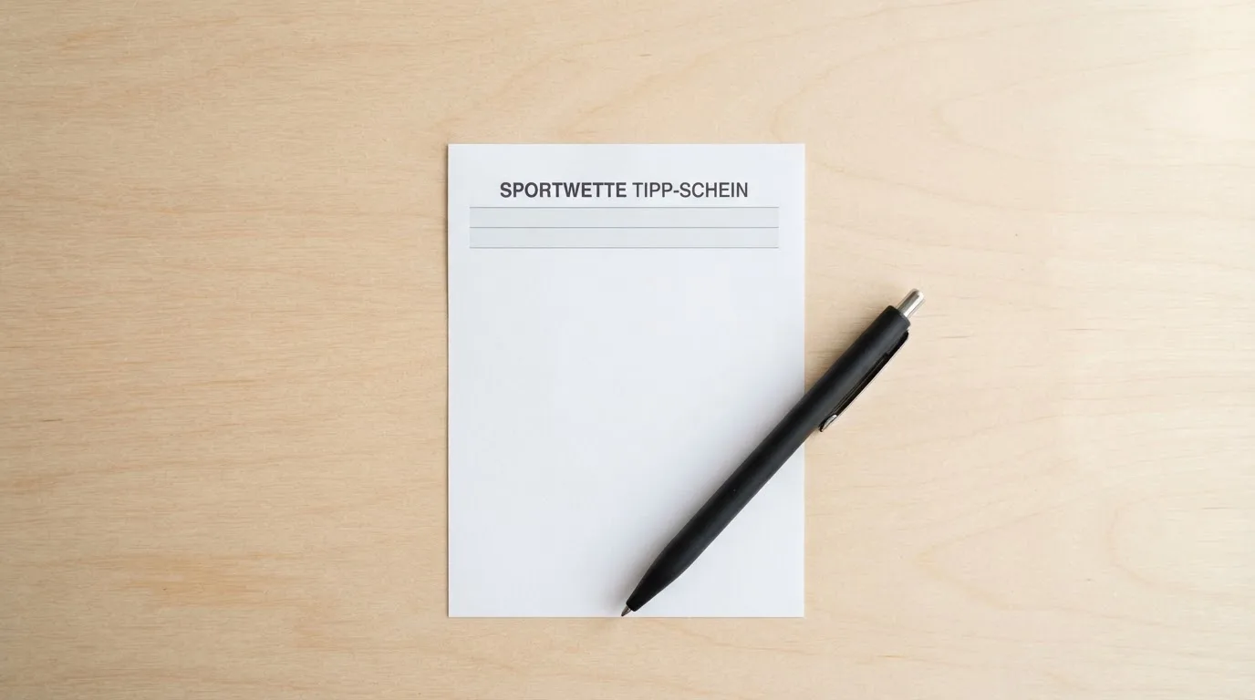 Ein leerer Papier-Wettschein und ein Kugelschreiber liegen auf einer Theke aus hellem Holz im Tageslicht.