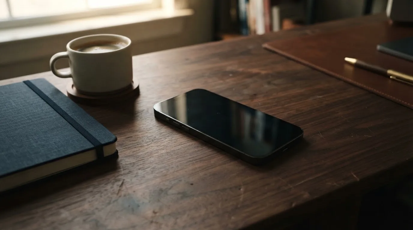 Ein Smartphone liegt mit dunklem Display auf einem Schreibtisch neben einem Notizbuch und einer Kaffeetasse.
