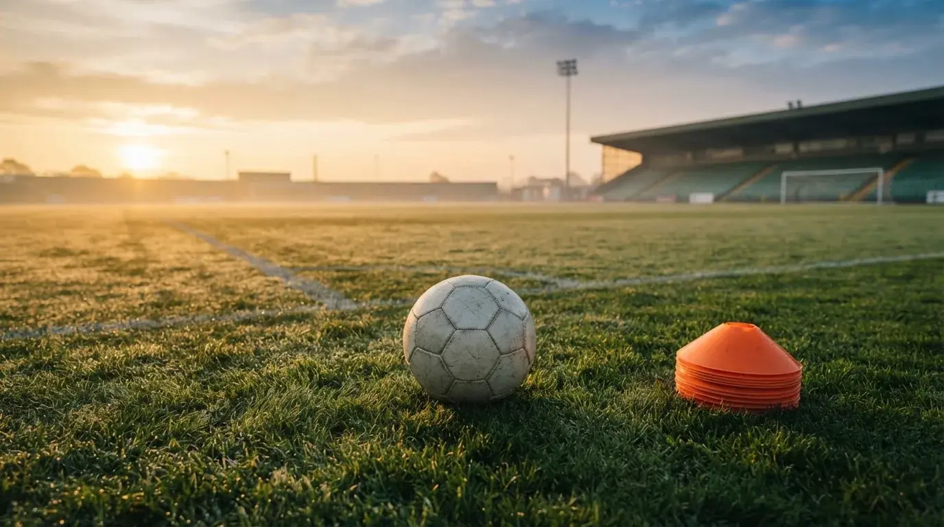 Ein Fußball liegt auf einem Rasenplatz bei Sonnenaufgang, daneben ein kleiner Stapel Trainingshütchen.