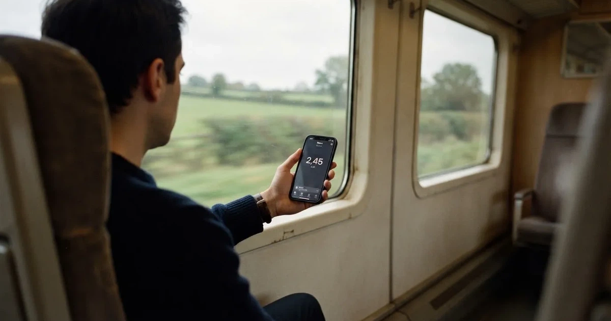 Eine Hand hält ein Smartphone mit dunklem Display in einem Zug, am Fenster ziehen verschwommen Felder vorbei.