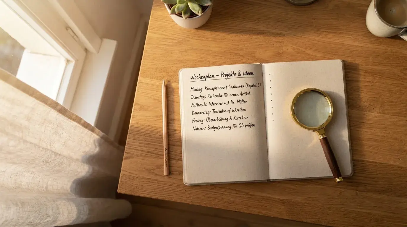 Ein schmaler Schreibtisch am Fenster mit einem Notizbuch, einer Lupe und einem Bleistift im Morgenlicht.