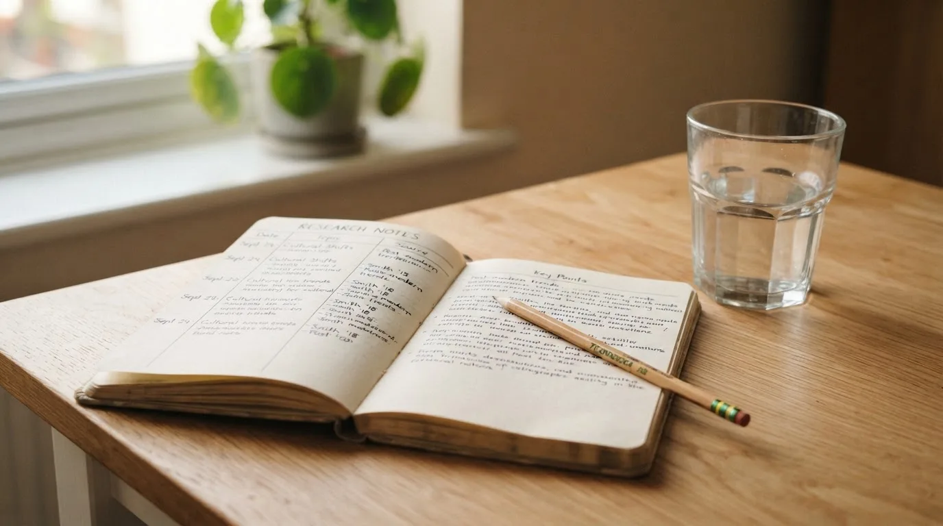 Ein Notizbuch mit handgezeichneten Spalten und ein Bleistift liegen auf einem hellen Holztisch neben einem Glas Wasser.