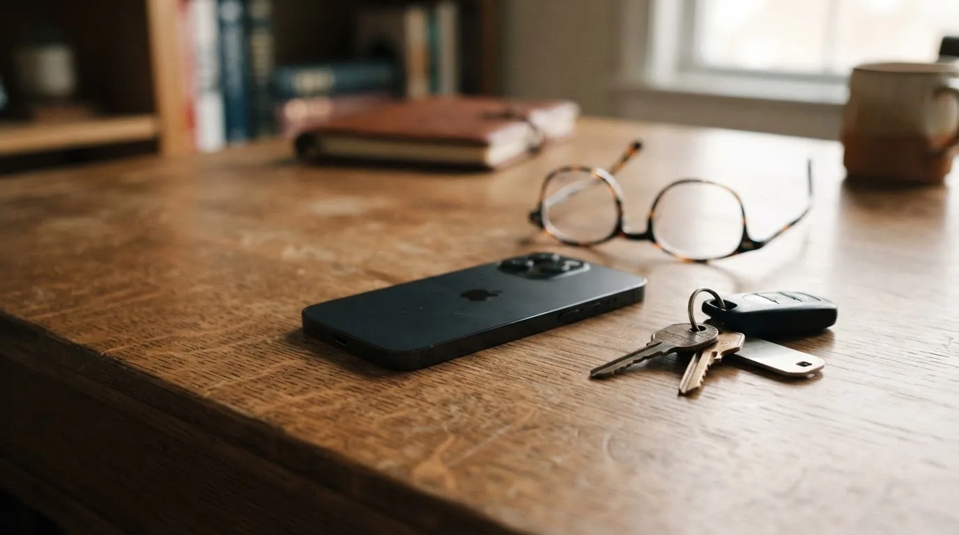 Ein Smartphone liegt mit dunklem Display auf einem Schreibtisch neben einem Schlüsselbund und einer Brille.