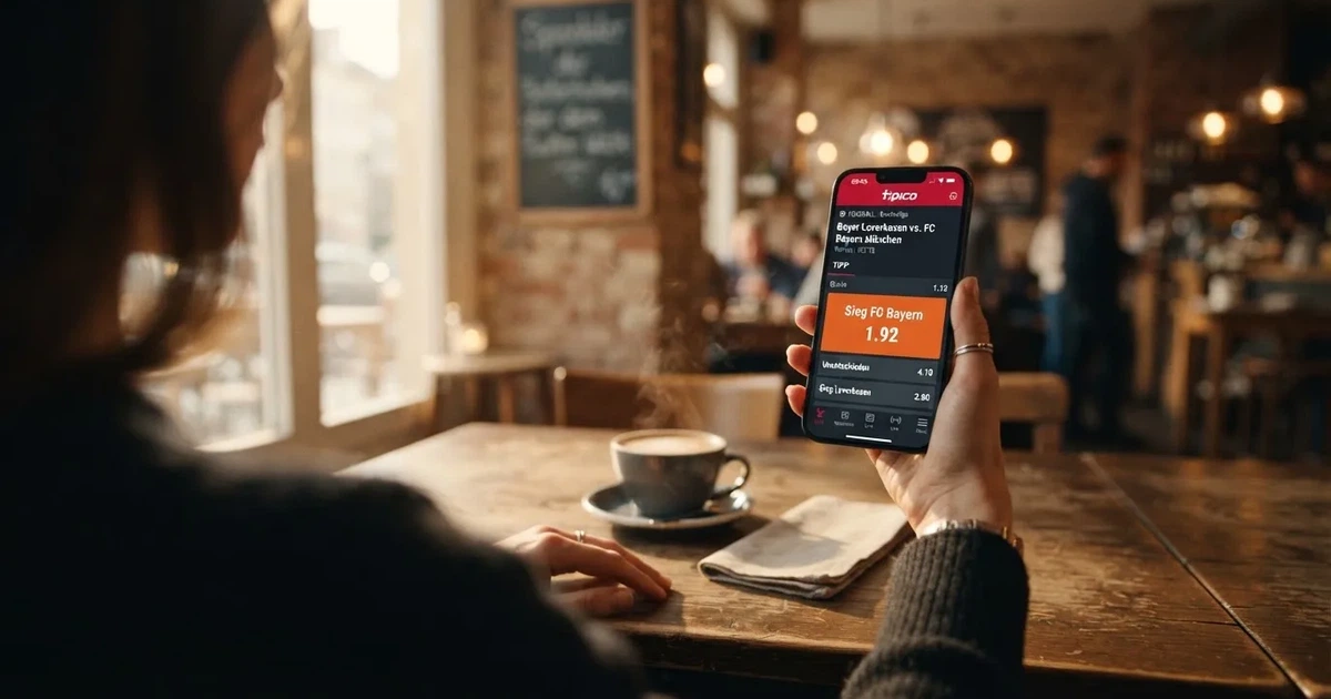 Eine Hand hält ein Smartphone mit dunklem Display, im Hintergrund unscharf ein Café-Tisch mit einer Tasse.