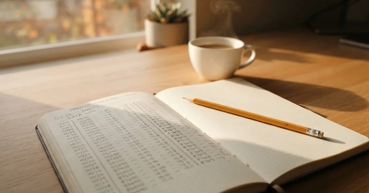 Handschriftliche Zahlenkolonnen in einem Notizbuch, daneben ein Bleistift und eine Tasse Kaffee auf hellem Holz.