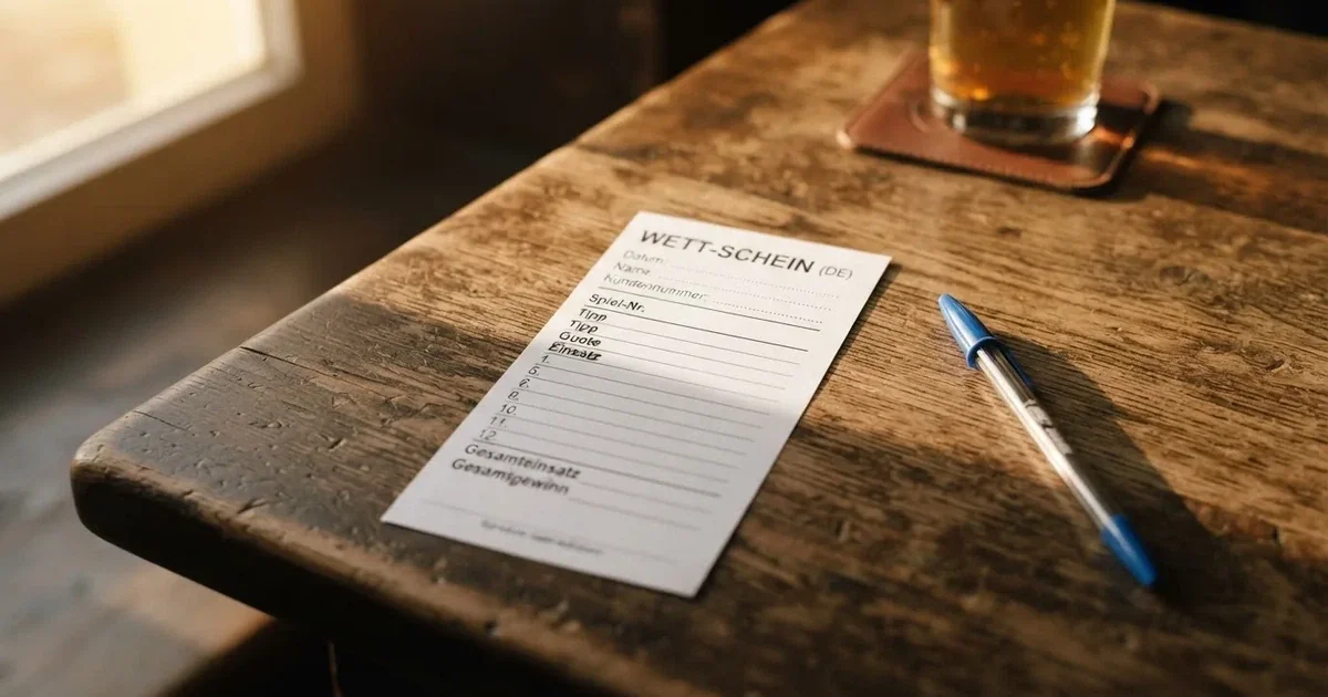 Ein leerer Papier-Wettschein liegt neben einem Kugelschreiber auf einem Tisch, ohne lesbaren Aufdruck.