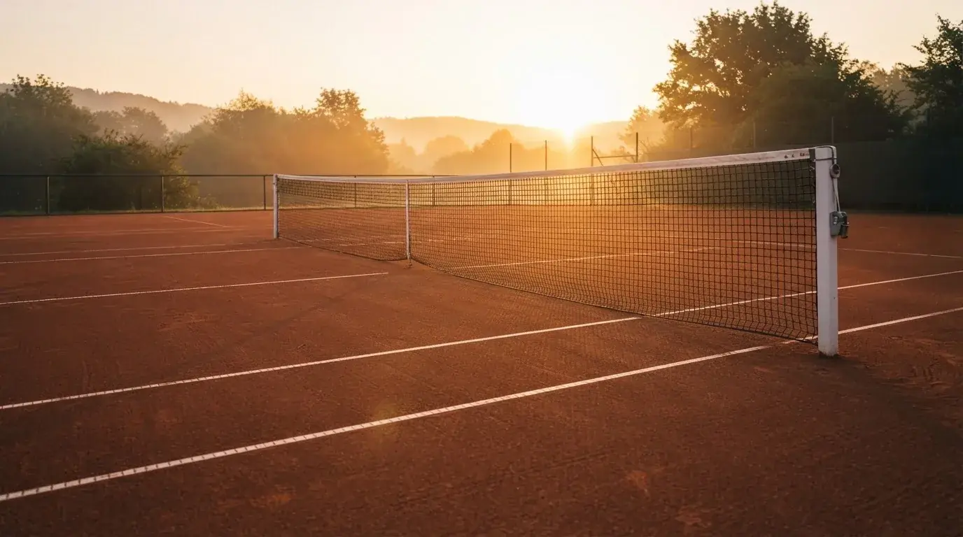 Ein Tennisplatz aus Sand bei Sonnenaufgang, das Netz im Gegenlicht, kein Mensch zu sehen.