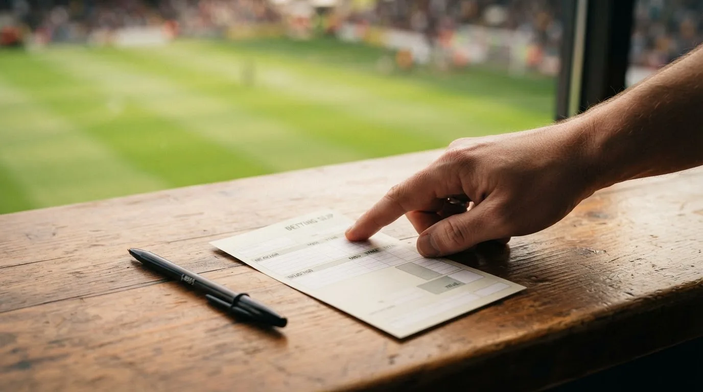 Eine Hand legt einen leeren Papier-Wettschein neben einen Kugelschreiber auf einen Holztisch, im Hintergrund unscharf ein Fußballplatz.