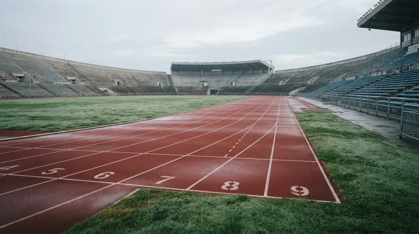 Eine leere Laufbahn im Stadion am frühen Morgen, Tau auf dem Rasen im Innenraum und unbesetzte Sitzreihen.