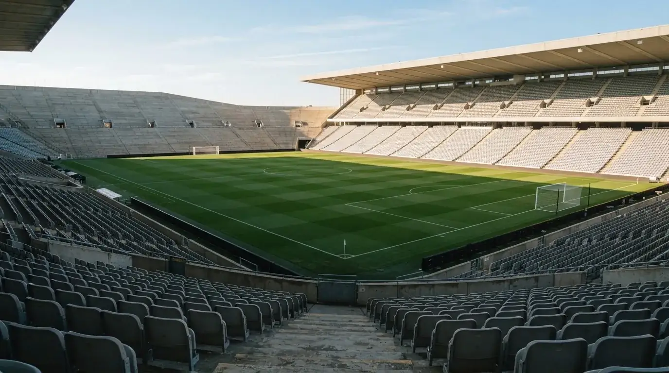 Ein leeres Fußballstadion bei Tageslicht von der Tribüne aus gesehen, der Rasen zeigt gleichmäßige Mähstreifen.