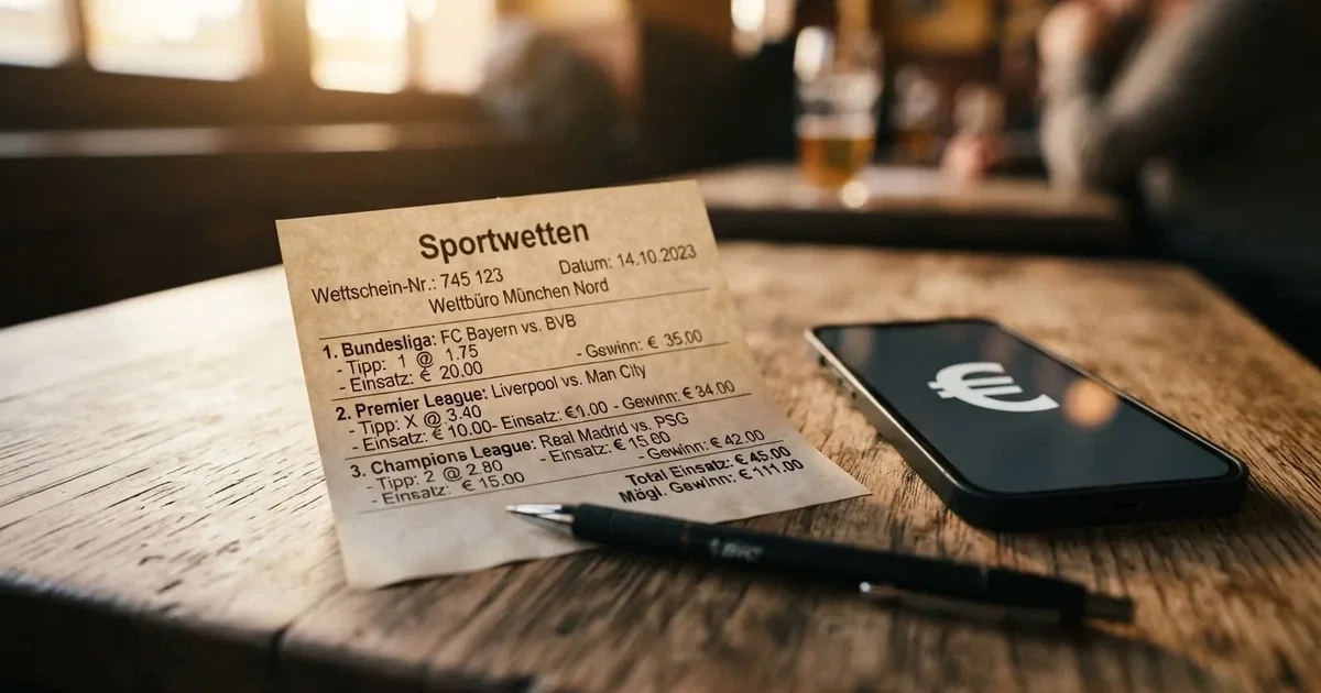 Ein leerer Papier-Wettschein und ein Kugelschreiber liegen auf einem Tisch, daneben ein kleiner Stapel Münzen.