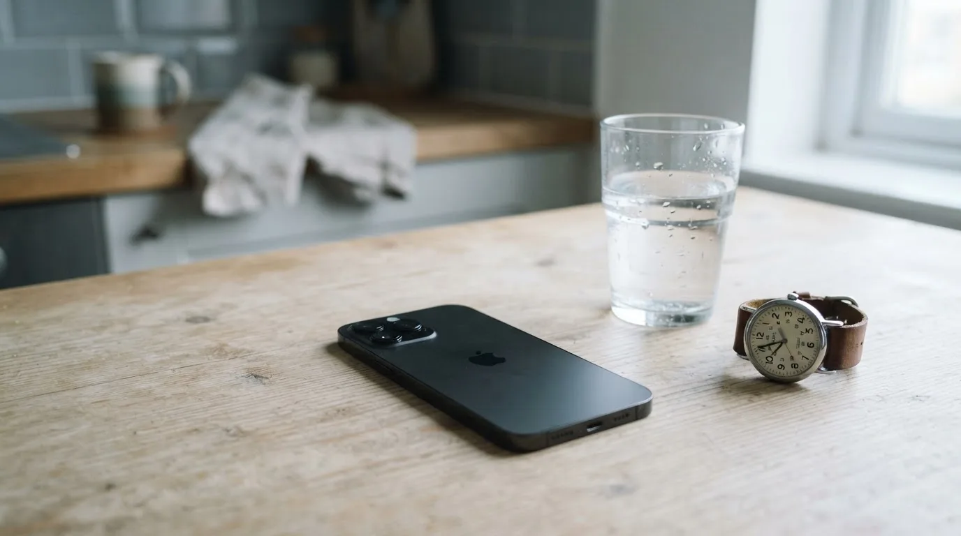 Ein Smartphone liegt mit dem Display nach unten auf einem Küchentisch, daneben stehen ein Glas Wasser und eine Armbanduhr.