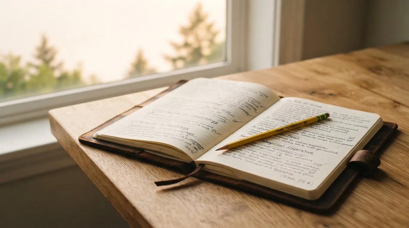 Ein Notizbuch mit handschriftlichen Notizen und ein Bleistift liegen auf einem Schreibtisch am Fenster, draußen fällt Morgenlicht herein.