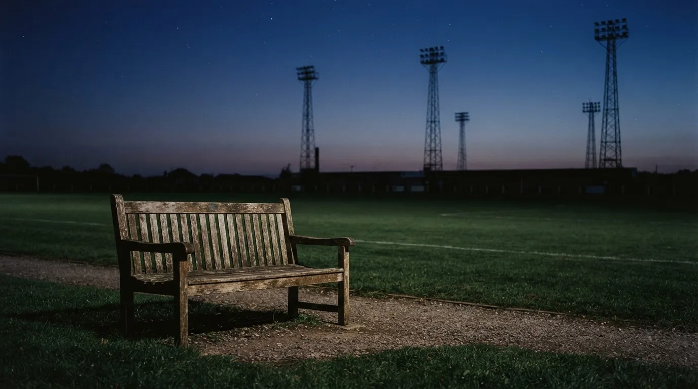 Eine leere Parkbank am Rand eines Fußballfelds in der Abenddämmerung, im Hintergrund ragen dunkle Flutlichtmasten in den Himmel.