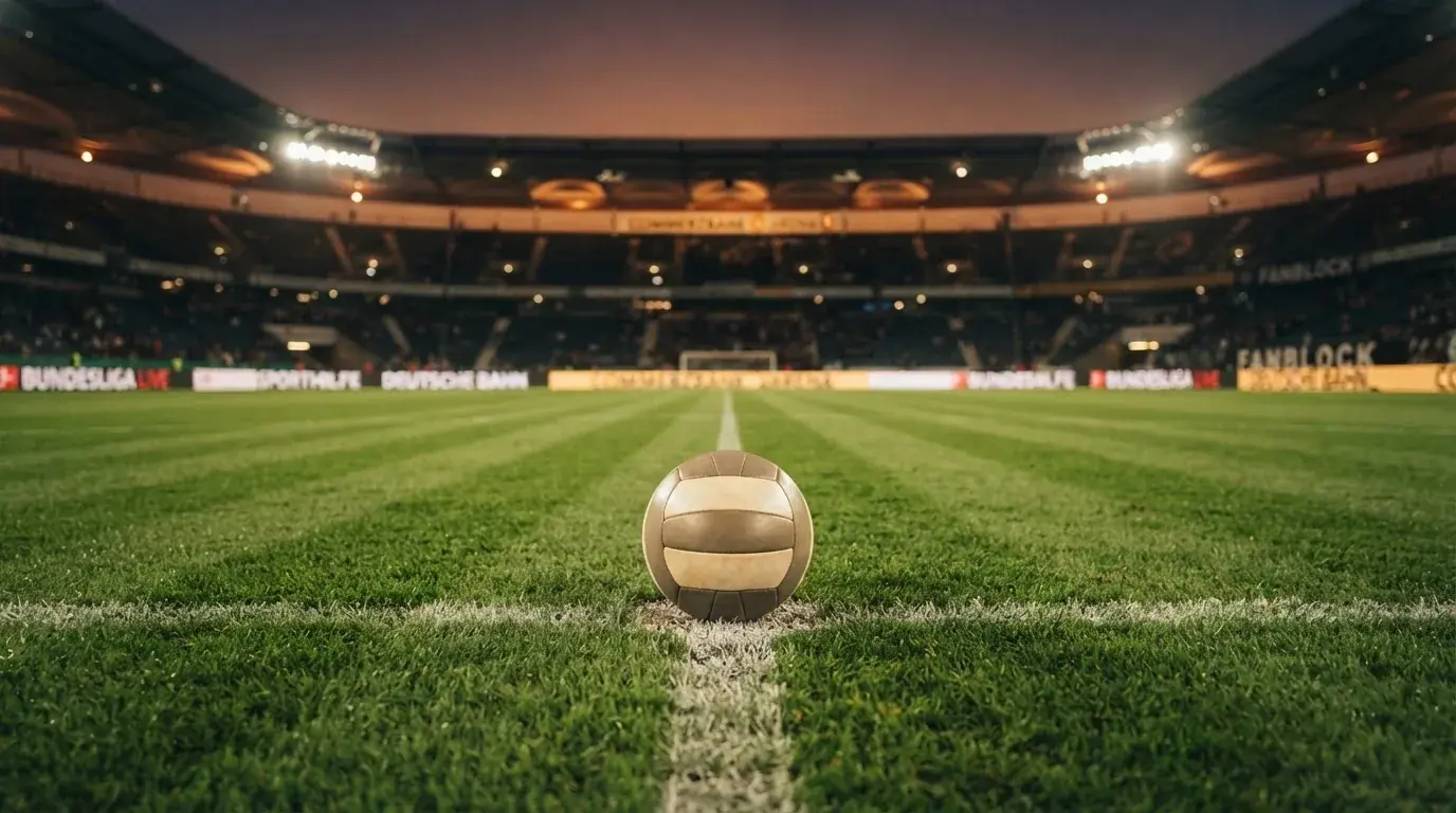 Ein Fußball liegt auf dem Rasen eines leeren Platzes, im Hintergrund ein Stadion unter Flutlicht in der Abenddämmerung.