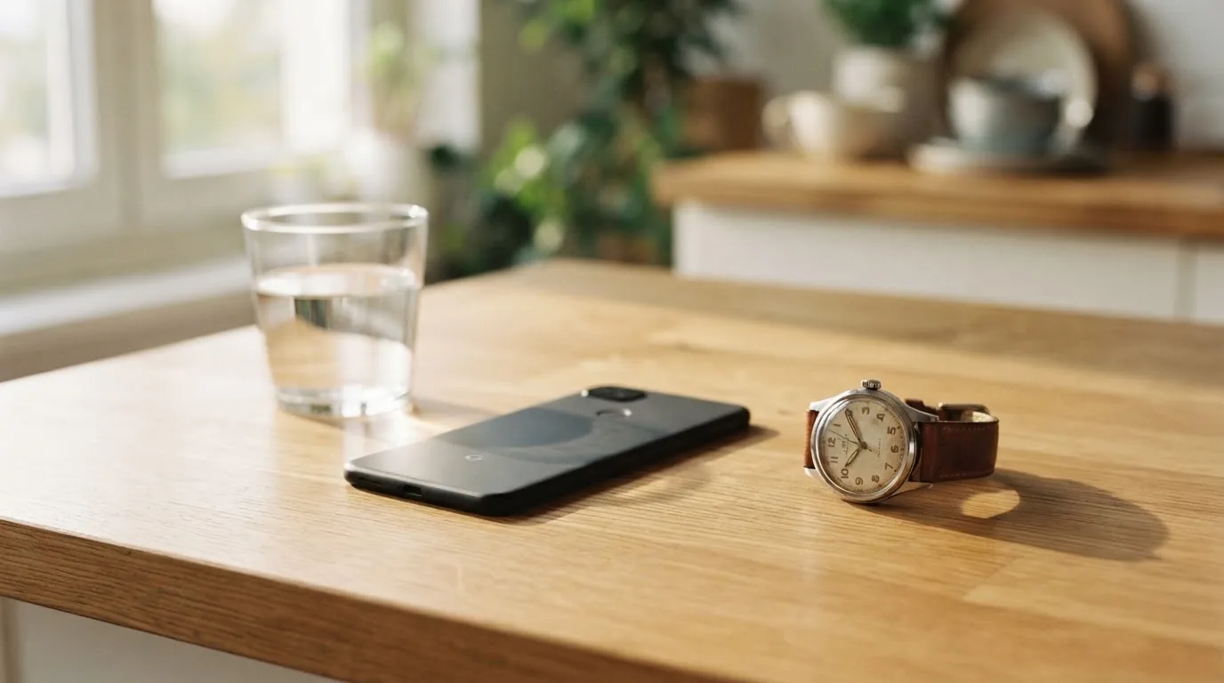 Ein Smartphone liegt mit dem Display nach unten auf einem Küchentisch, daneben stehen ein Glas Wasser und eine Armbanduhr.
