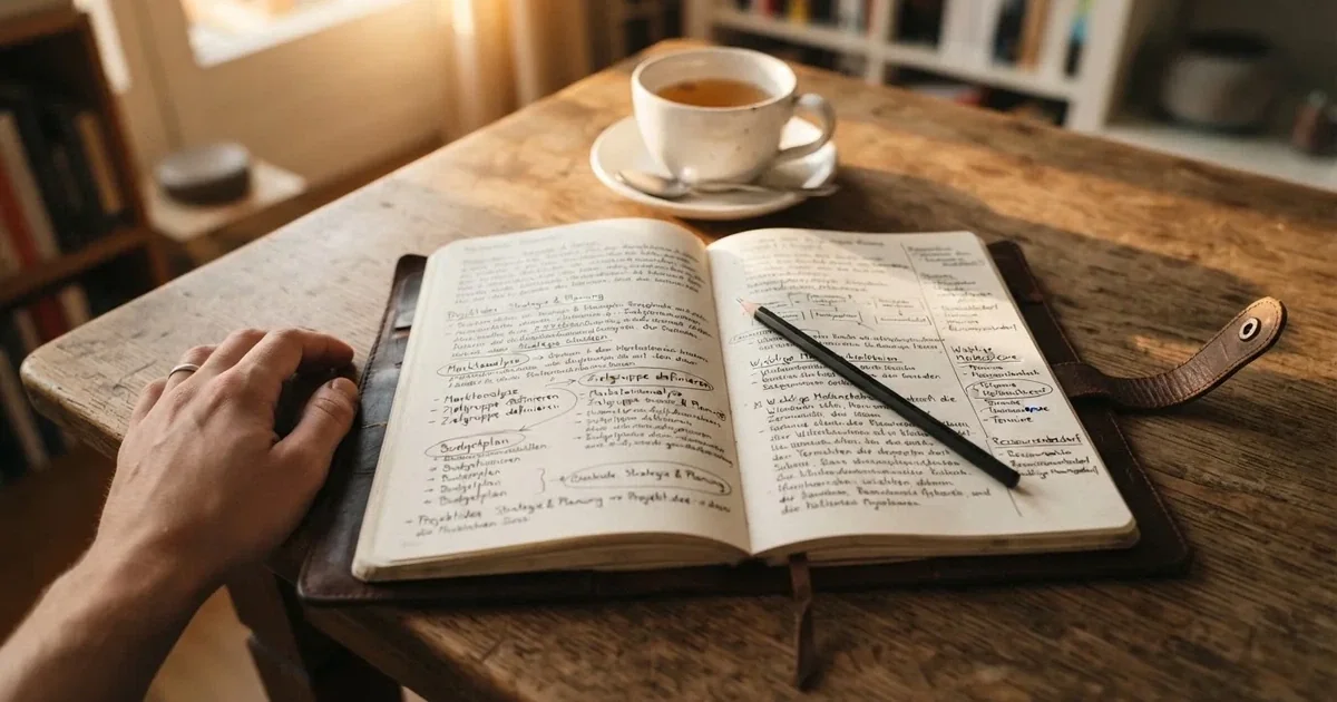 Ein Notizbuch mit handschriftlichen Notizen und Pfeilen liegt aufgeschlagen auf einem Schreibtisch, daneben ein Bleistift und eine Tasse Tee.