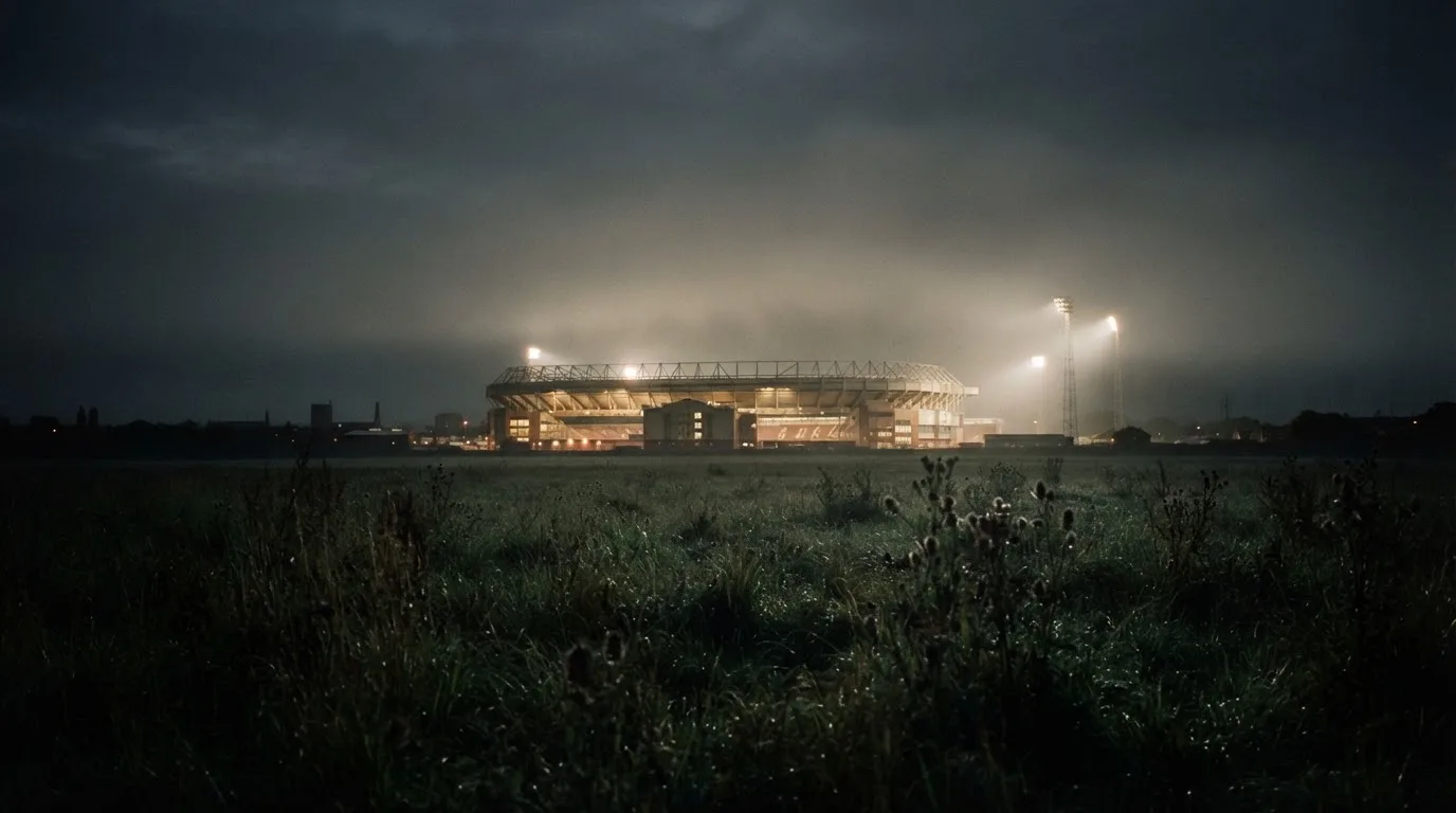 Ein Stadion unter Flutlicht, aus großer Entfernung über eine dunkle Wiese fotografiert, am Himmel zieht Nebel auf.
