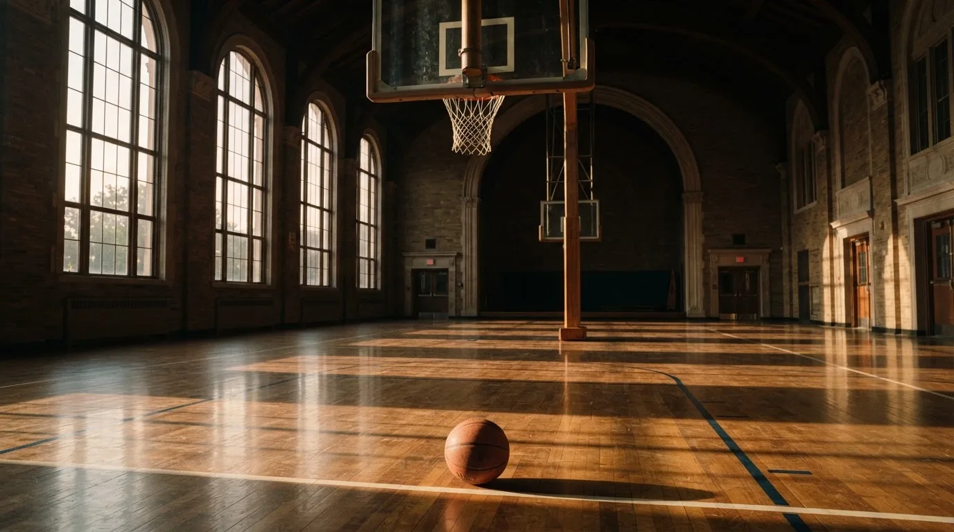 Ein Basketball liegt auf dem Hallenboden unter einem Korb, das Netz hängt ruhig, Morgenlicht fällt durch hohe Fenster.